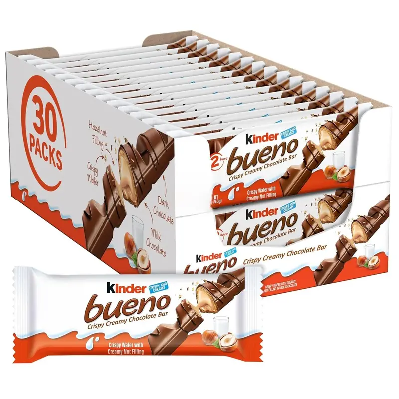 Kinder Bueno Milk Chocolate & Hazelnut Cream 20-Pack, 2 Individually Wrapped Bars Per Pack, 1.5 oz Each, Crispy Wafer with Creamy Hazelnut Filling, Perfect for Sharing - Bonbon