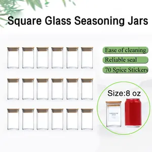 DIY Spice Jars with Labels 8 oz 18Pack, Small Spice Containers Starter Set, Glass Seasoning Jars with Lids, Square Seasoning Containers for Salt, Pepper, Chili Powder, Sugar, Loose Tea Storage