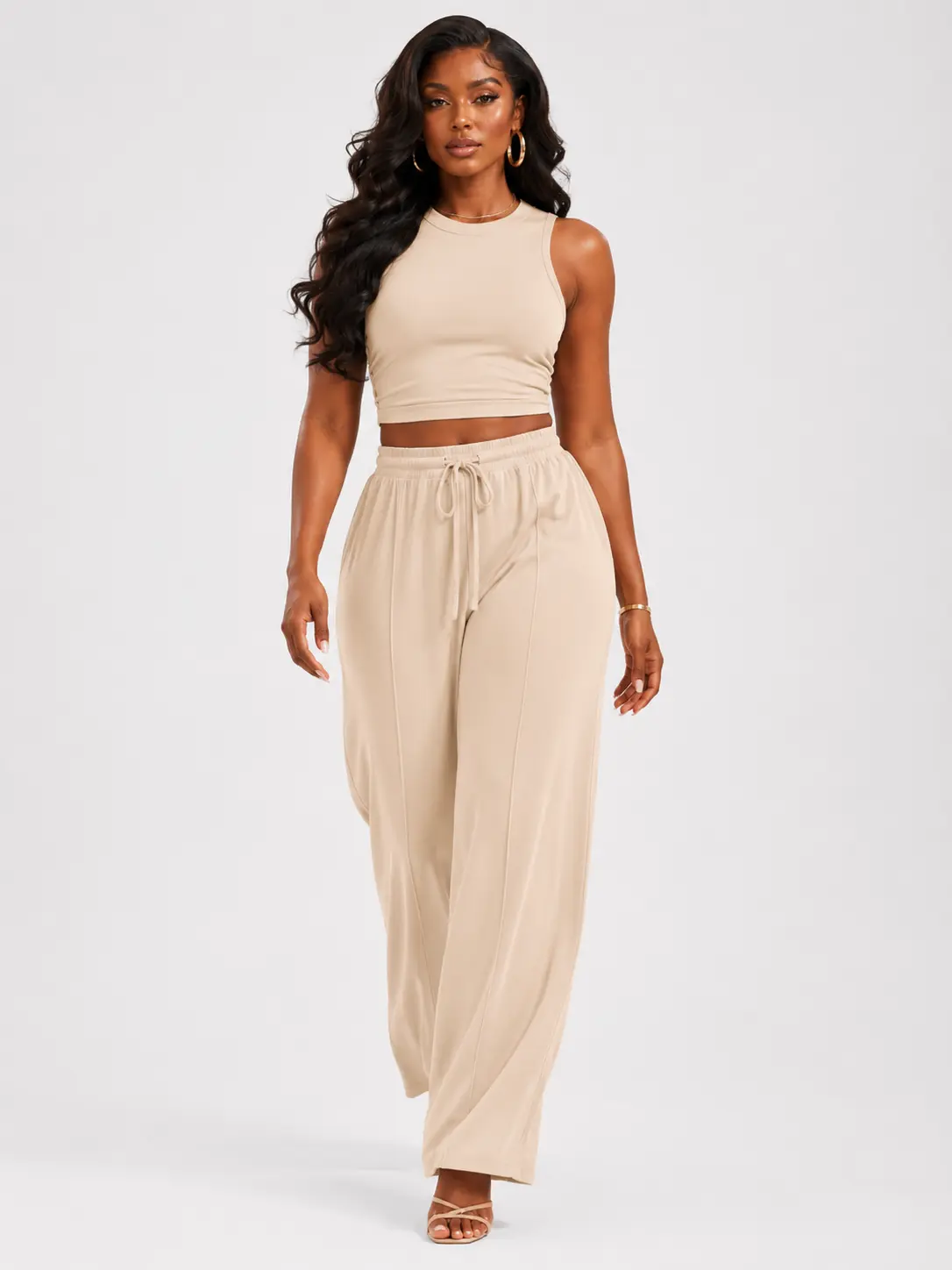 Sculpt Touch Women's Ribbed 2 Piece Lounge Set Sleeveless Crop Tank Top Wide Leg Pants Matching Outfit