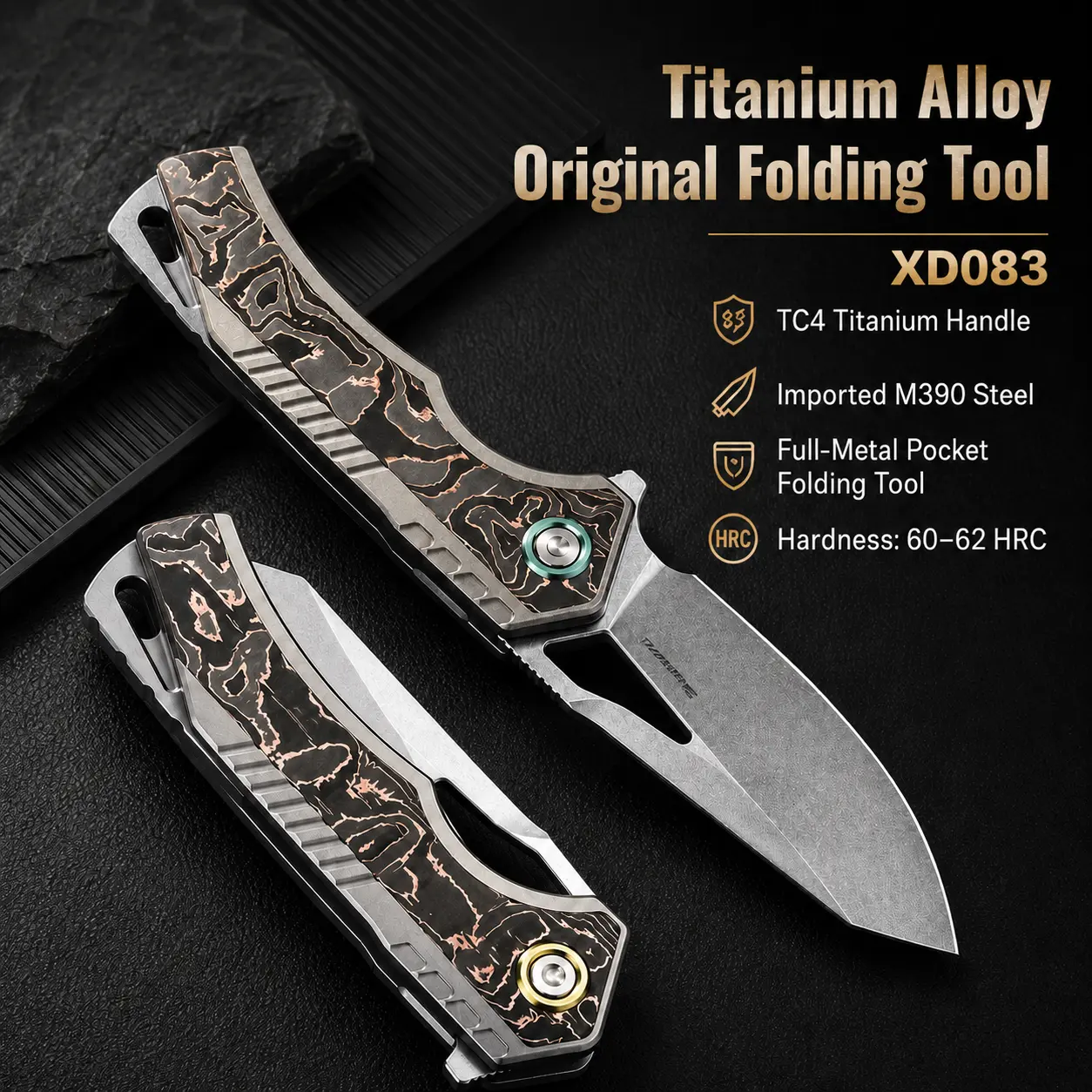 Mulight XD083 Pocket Knife - Titanium Alloy Folding Tool | M390 Steel, TC4 Titanium Handle, Carbon Fiber Inlay, Pocket Clip EDC Tool