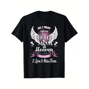Menswear Oversized 100% Cotton Casual Graphic T-Shirt - 180G, "Mom And Dad My Angels" Print, In Memory of Heaven-Bound Parents, Plus Size