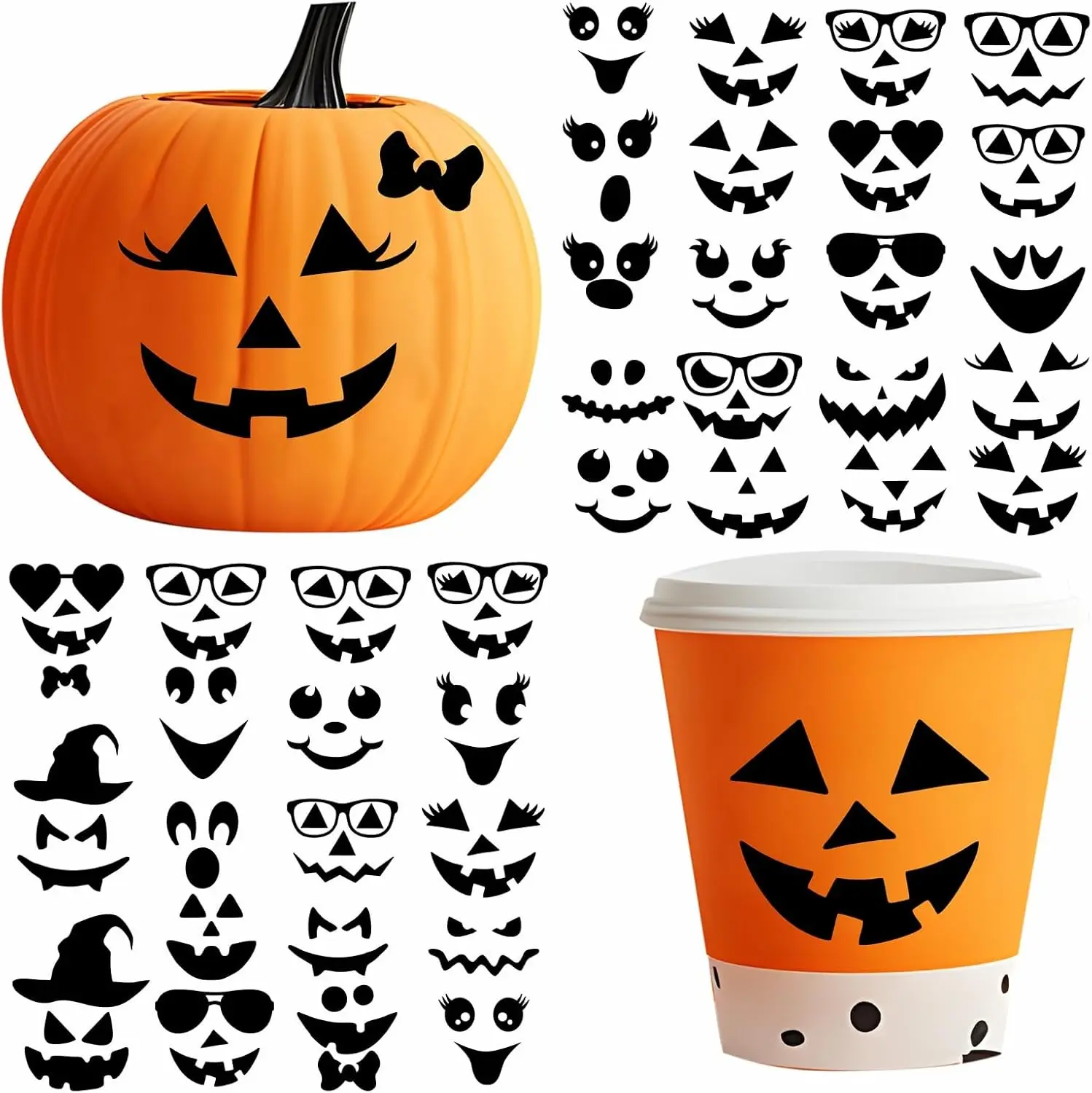 Halloween Face Stickers for Crafts Pumpkin Decorating Stickers for Pumpkins Glass Jars Halloween Vinyl Faces Decals Cute Ornaments Decals Funny Faces Crafts for Party Supplies Decorations