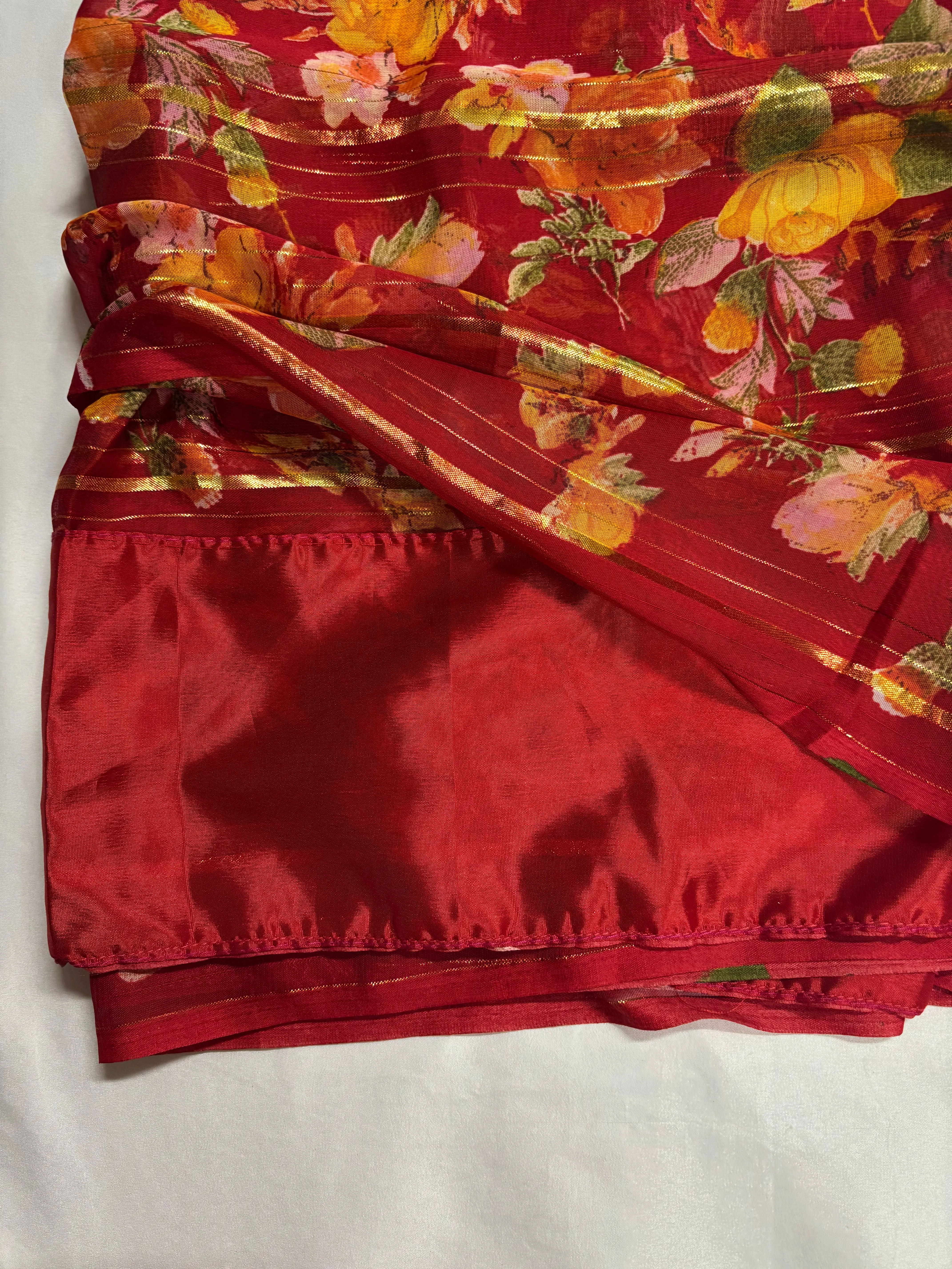 Floral Red Saree With Falls and Piko Done