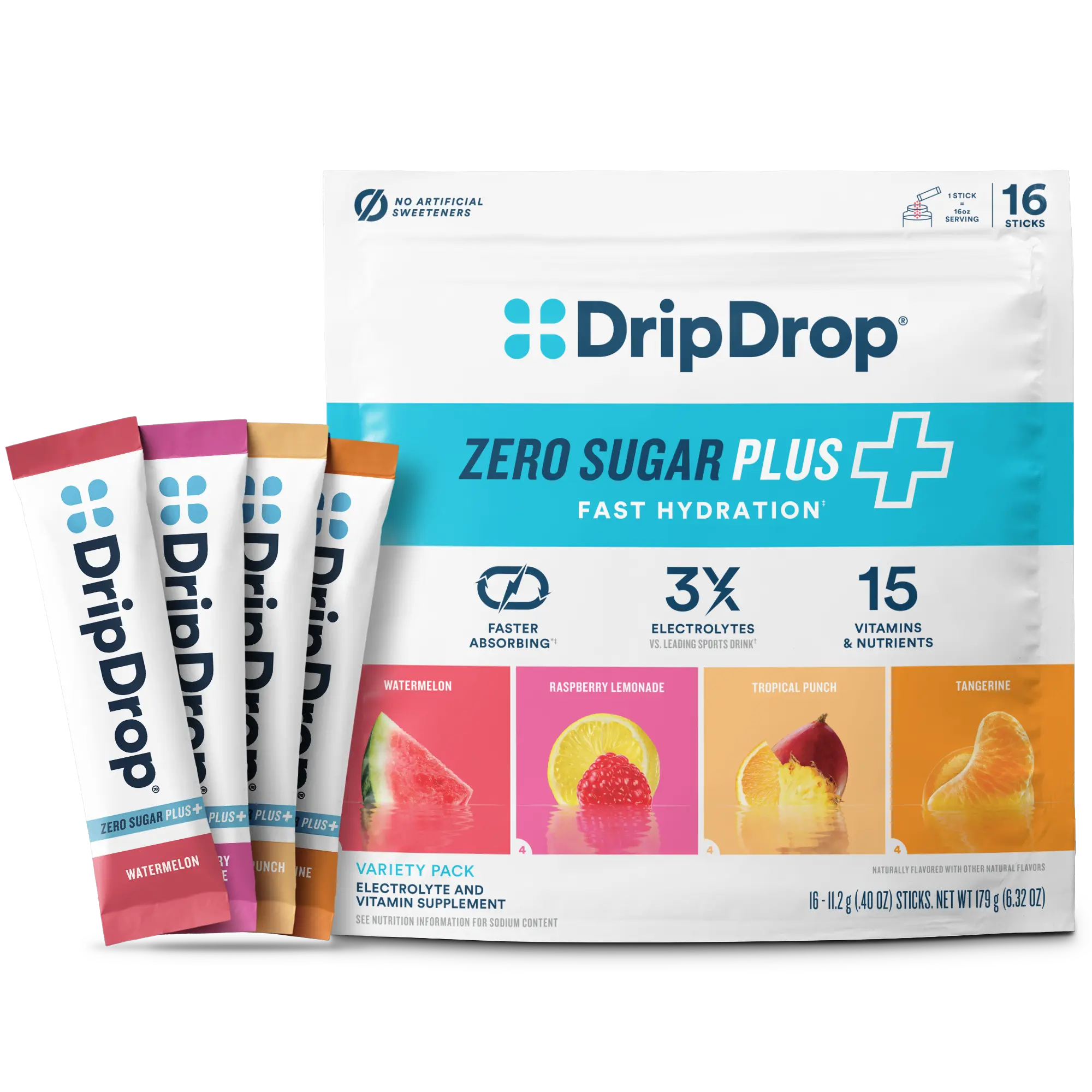 DripDrop Zero Sugar Plus, Watermelon, Tangerine, Tropical Punch, Raspberry Lemonade, 16 oz sticks, 16 count