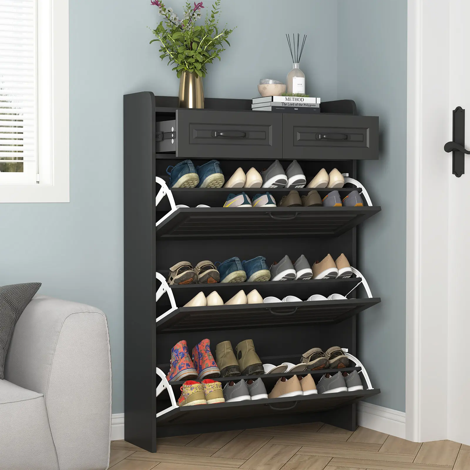 Spaco Black Shoe Cabinet for Entryway, Freestanding Shoe Storage Cabinet,Wood Slim Hidden Shoe Rack Cabinet, Shoe Organizer Cabinet with 3 Flip Drawers & 2 Sliding Drawers for Closet, Hallway