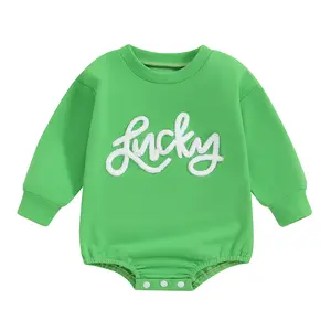 Babamoon Baby Girls Boys St. Patrick's Day Rompers Clothes Long Sleeve Crew Neck Letter Lucky Embroidery Jumpsuits Playsuits