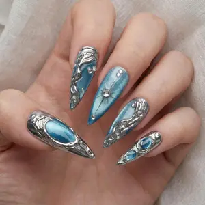 Y2K Press On Nails, Silver Chrome Cyberpunk Blue Liquid Metal Gothic, Almond Gel Tips, Reusable Manicure