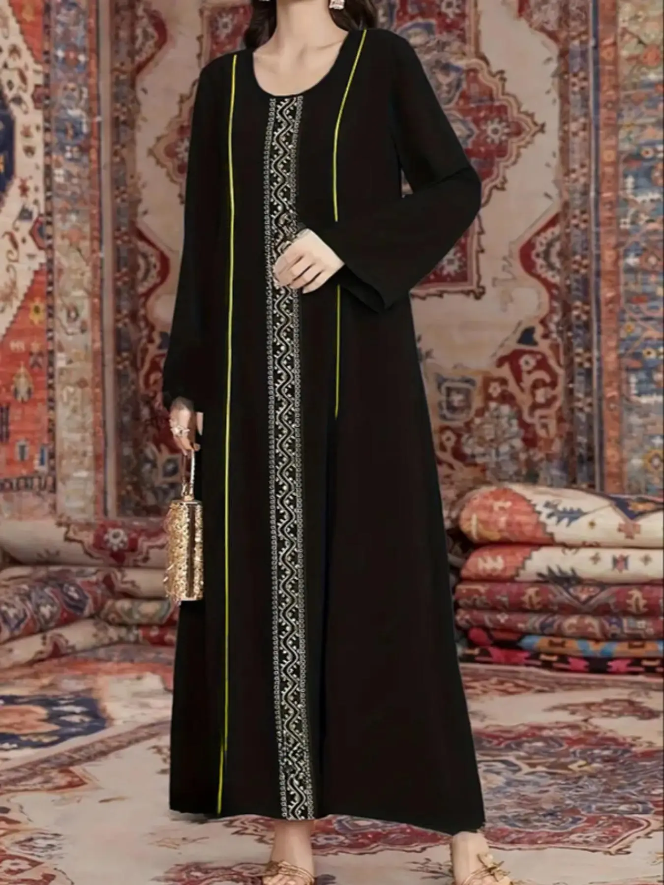 Women's Graphic Print Long Sleeve Abaya, Modest Casual Long Dress for Daily Wear, Ladies Islamic Clothing for All Seasons