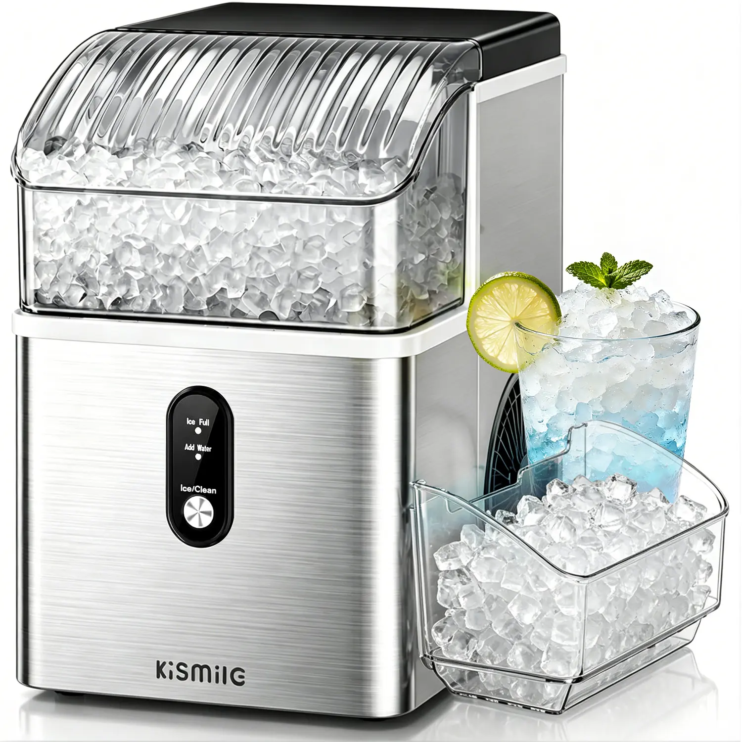 Kismile Compact Countertop Nugget Ice Maker Machine - Kitchen Appliances, 35lbs/day Production, 7-Mins Quick Make, Self-Cleaning, 1-Click Operation, Portable Unit with Ice Machine Cleaner for Residential Home Kitchen, Office