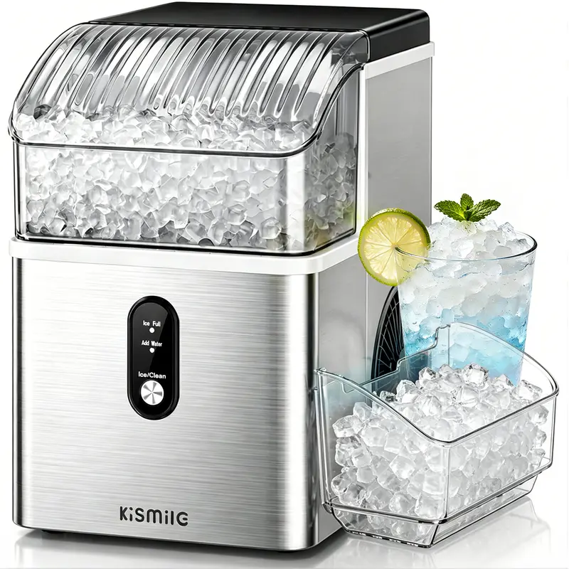 Kismile Stainless Steel Compact Countertop Nugget Ice Machine - Automatic, 7-Min Quick Make, 35lbs/24h Production, Self-Cleaning, 1-Click Operation, 1.1L, Portable Kitchen Appliance with Ice Machine Cleaner for Home, Office