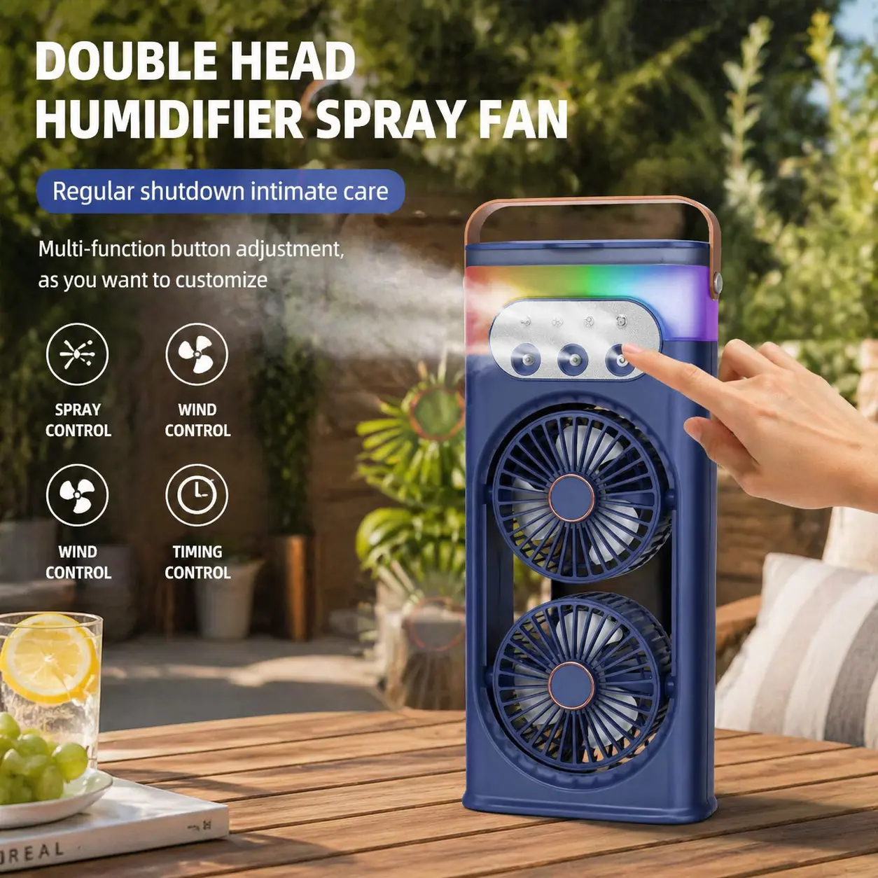 Double Head Portable Humidifier Spray Fan, Quiet with 3 Speeds, 400ml Personal Air Cooler Fan with 3 Mist, LED Light, 3HTimer,  Bedroom Office Kitchen