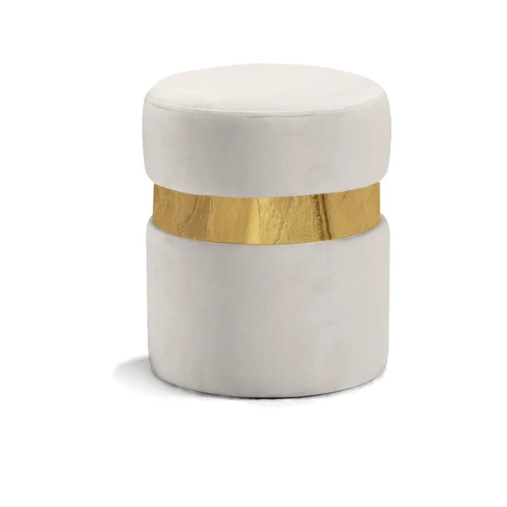 Hailey Cream Velvet Ottoman-Footstool with Metallic Strip, Contemporary Home Decor Indoor Furniture