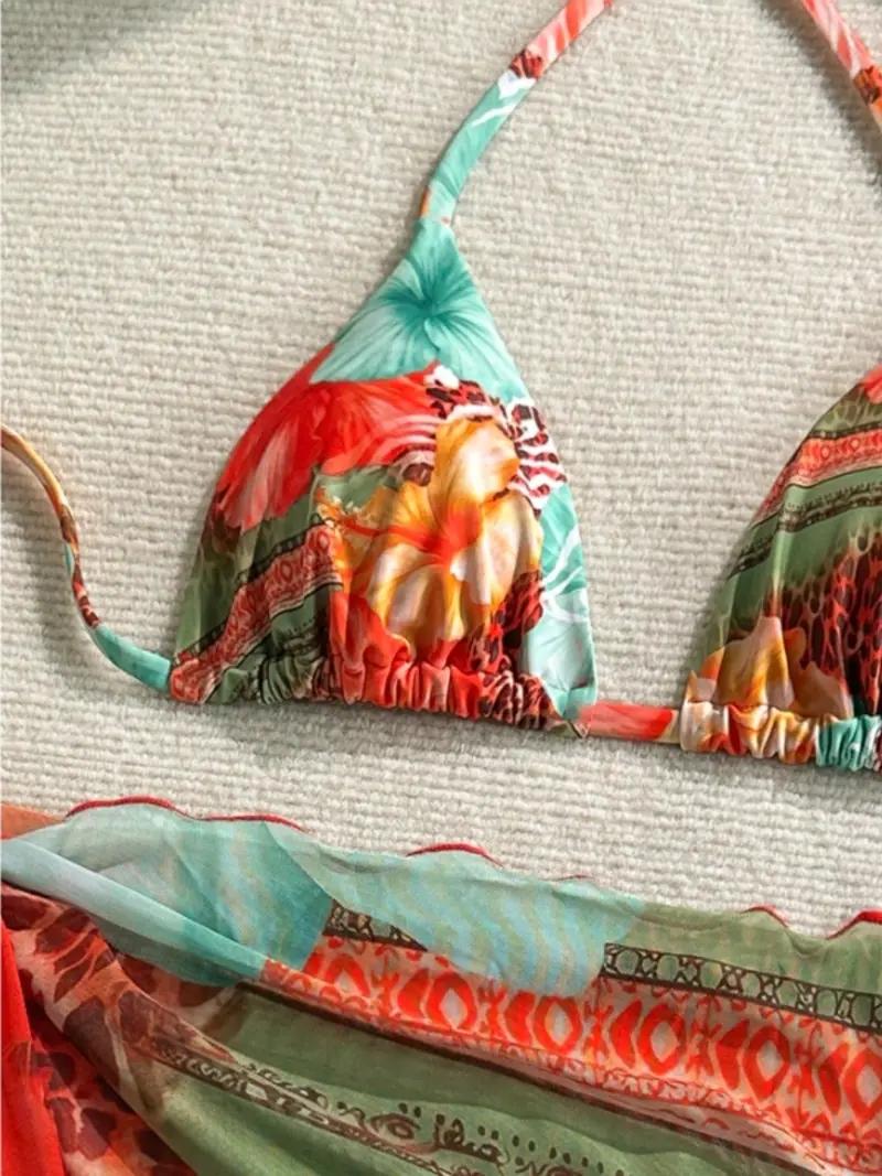 Three-Piece Set Women's All Over Print Bikinis Set, Ruffle Trim Halter Tie Back Triangle Bikini Top & Thong & Sheer Tie Side Cover Up Skirt Swimwear Set for Beach, Women's Swimsuit for Summer, Floral Print Bikinis, Flower Print Bikini, Bikini Sets