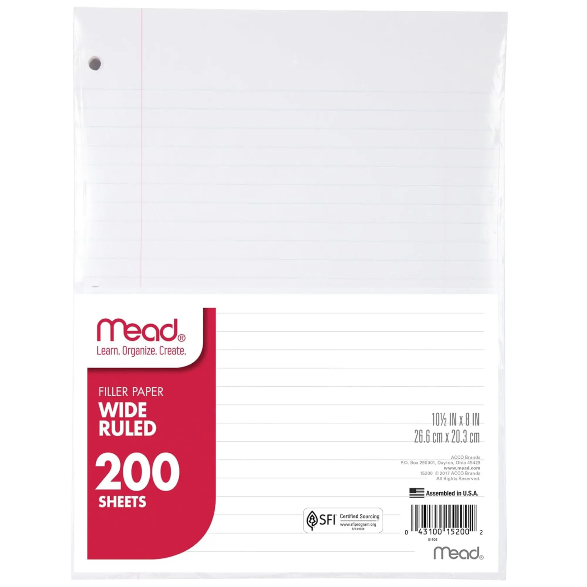 Mead Loose Leaf Paper, Notebook Paper, Wide Ruled Filler Paper, Standard, 8 x 10.5, 200 Sheets (15200) White