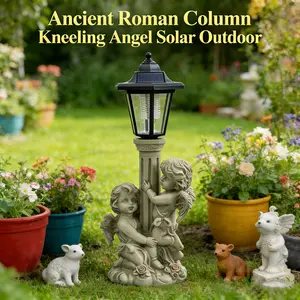 Solar-powered European-style Garden Ornament Courtyard Resin Sculpture Cute Retro Angel Statue with Cherubs & Solar Lamp for Outdoor Decor