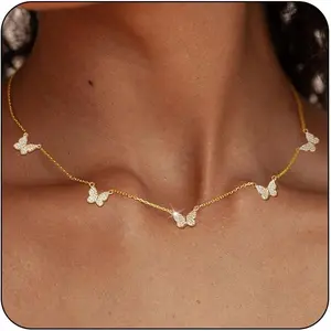 Dainty Silver Gold Necklaces for Women Trendy Non Tarnish 14K Gold Plated Cubic Zirconia Necklace Layered Cute Butterfly Heart Station Choker Necklace Stack for Wedding Prom Brides Jewelry