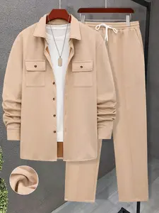 Men's Casual Fitted Two-Piece Set, Long Sleeve Shirt & Drawstring Pants, Single-Breasted Button Front, Fall Winter