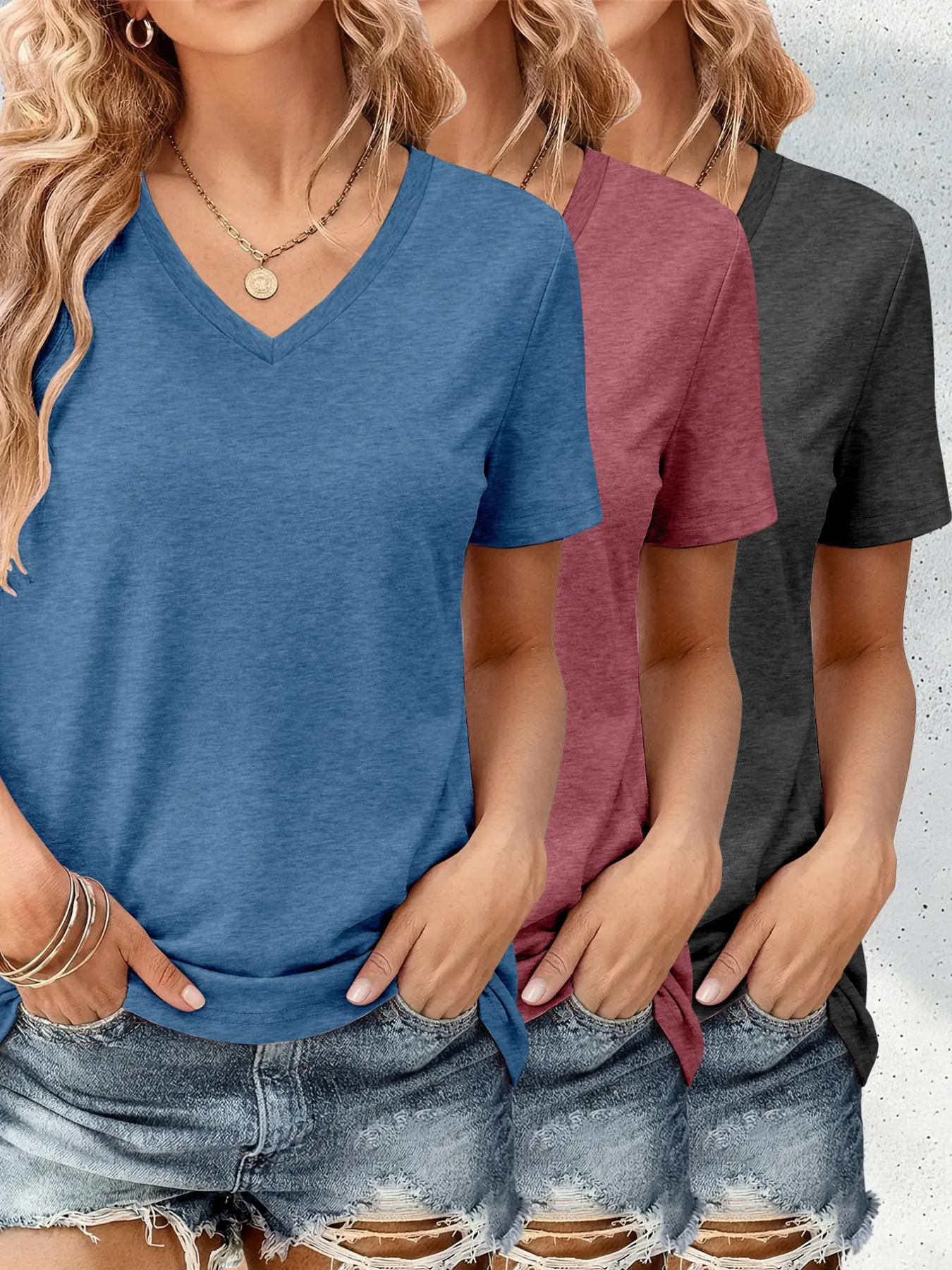 Women's V-Neck Short Sleeve T-Shirt 3-Piece Set, Casual Fitted Solid Color, All Seasons Wear Summer, Plain Surface, Unlined