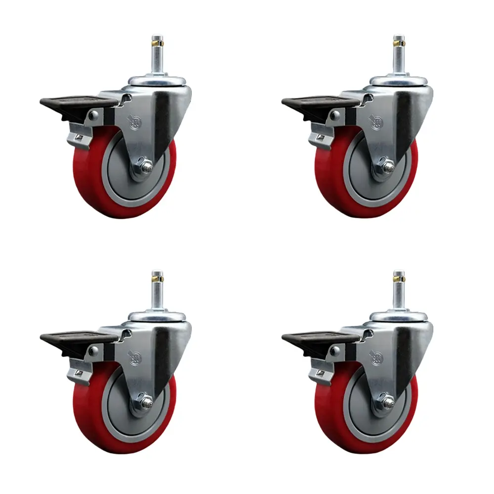 212 MAIN Posi Lock Stem Mount Polyurethane Swivel Casters - Grip Ring Model SCC-GR20S414-PPUB-RED-PLB-716138-4, 4x1.25 in. Red Lockable Furniture Moving Wheels, 0.43 in. Swivel Stem, Posi Lock Brake, Concrete/Tile Use, Set of 4, Furniture Moving Wheel