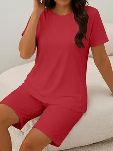 【Plus Size】cute summer outfits，Women's Casual Two-Piece Set, Loose-Fitting Round Neck Short Sleeve T-Shirt & Shorts, Comfortable Fashion for Daily Wear