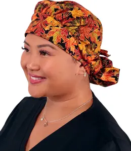 Banded Bouffant Ponytail Scrub Cap - Metallic Autumn Leaves