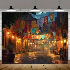 1pc Vibrant Polyester Party Banner - No Electricity Needed, All-Season Use Festive Decor, White Polyester Fabric Ornament for Classroom, Photo Booth Backdrop & Celebrations, Vibrant Street Scene Design