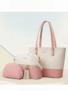 WOMEN'S THREE-PIECE BAG SET TOTE CROSSBODY & COSMETIC BAGS WITH TASSEL DETAIL FOR WORK TRAVEL DAILY USE, PINK WHITE