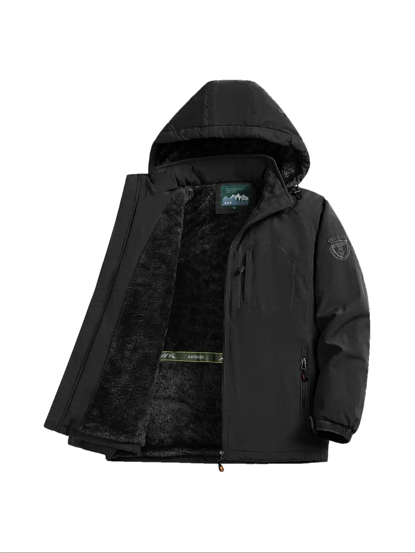 Men's Letter Embroidery Zip Pocket Thermal Lined Removable Hooded Jacket, Casual Long Sleeve Windproof Waterproof Outerwear for Fall & Winter, Men's C