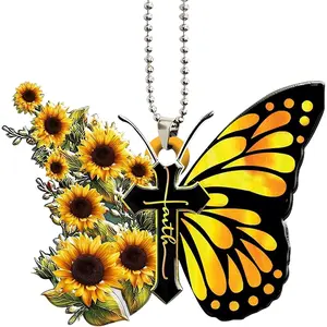 Car Rear View Mirror Accessories God Faith Sunflower Butterfly Jesus Cross Christian Hanging Ornament 2D Flat Religious Christian Home Car Decoration Christmas Tree Interior Rearview Pendant Decor