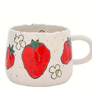 Fruit Pattern Ceramic Mug | STRAWBERRY pattern | 10 Fl oz, Hot or Cold, Limited Stock, White with Red Strawberry Design - Drinkware, Cup | 1 piece | limited stocks Reusable Coffee Washable