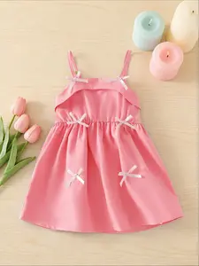 Cute Summer Korean Style Baby Girl Dress with Bow Details, Blue Woven Straps for Fashionable Infant Look, Baby Clothes Girl