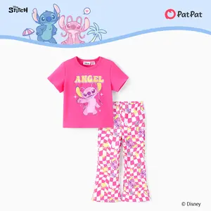 Disney Angel from Lilo & Stitch Girls 2-Piece Outfit Pink T-Shirt & Checkered Flare Pants Set Official Character Apparel for Toddlers & Little Girls Casual Summer Set