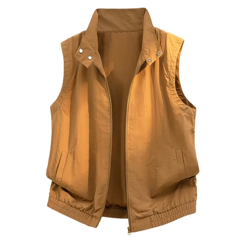 Men's Stand Collar Zip-Up Lightweight Sleeveless Vest, Adjustable Drawstring Hem Casual Waistcoat, Breathable Wrinkle-Resistant Outerwear, Wear Alone Or Layer For Campus, Travel And Daily Outfits#SummerWins