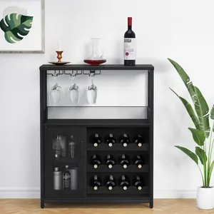 Bar Cabinet, Wine Rack Cabinet with Detachable Wine Rack, Adjustable Shelves Coffee Bar Cabinets with Mesh Door and Baffle Design, 36 in Tall, for Home, Kitchen, Dinning Room, Rustic Brown