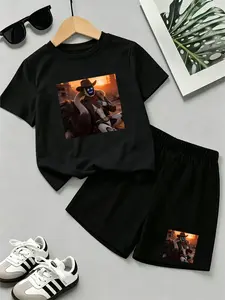 #Zombie Scavenger# Ai Movie Post-Apocalyptic Style Love, Death And Robot Print Children's Set, Summer New Style Boys' And Girls' Short-Sleeved T-Shirt + Shorts 2-Piece Set, Comfortable, Casual, Fashionable Versatile Daily Use#Gift #Must-Have For School
