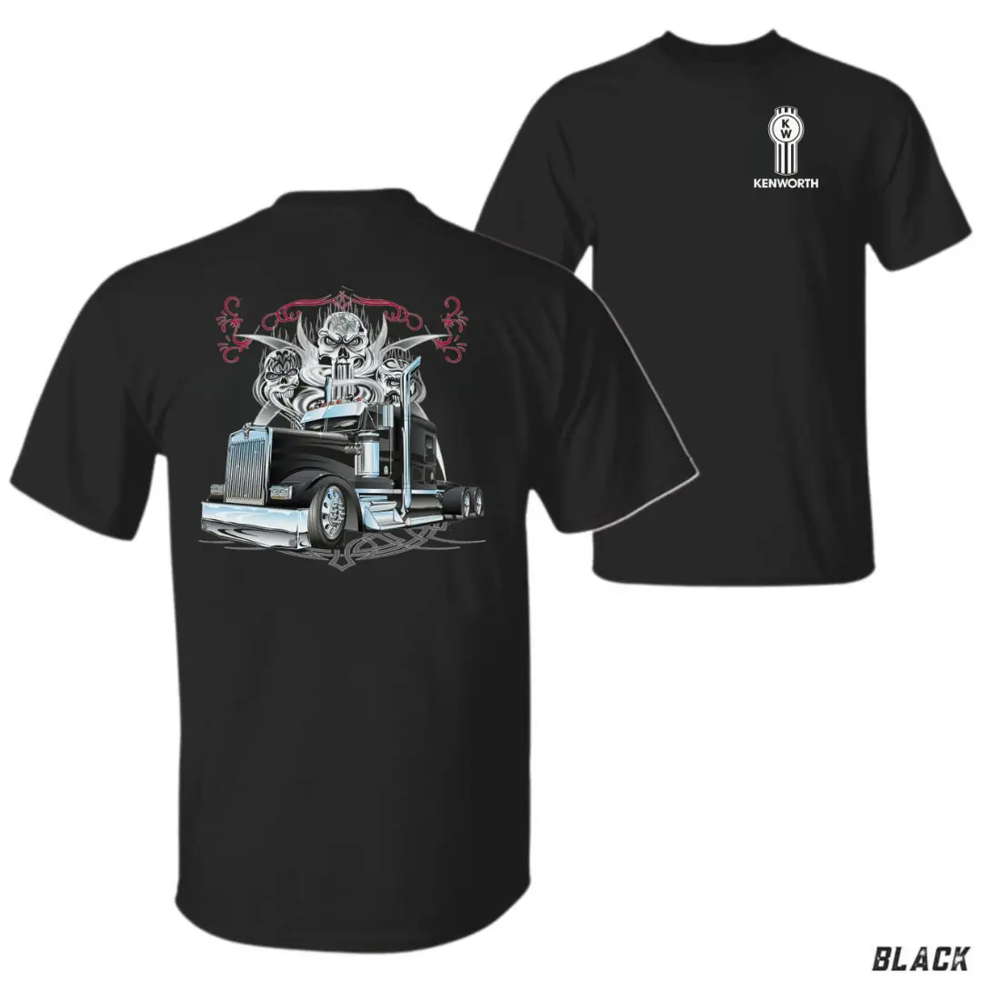 Men's Kenworth Skull Truck Short-Sleeve Casual Round Neck Classic Fit Summer Cotton Tee, Patriotic USA Rig Graphic Top, American Trucker 4th of July Gift for Car Lovers, Shortsleeve