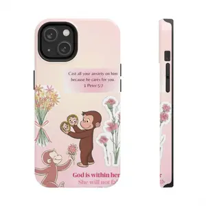 Curious George Christian Phone Case for iPhone 17 16 15 14 13 12 11 Air ProMax Plus– Faith & Joy Design with Bible Verse "Cast All Your Anxiety on Him" 1 Peter 5:7, Cute Monkey Pink Floral iPhone Case