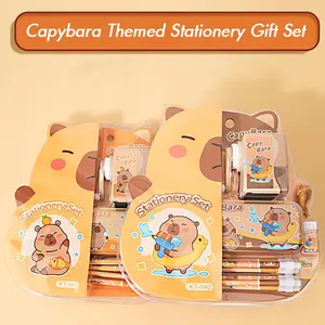 Capibala themed stationery gift set, equipped with pencil case, pencil, ruler, pencil sharpener and eraser, suitable for studying, graduating, diary and birthday gifts, banquet gifts, party gifts