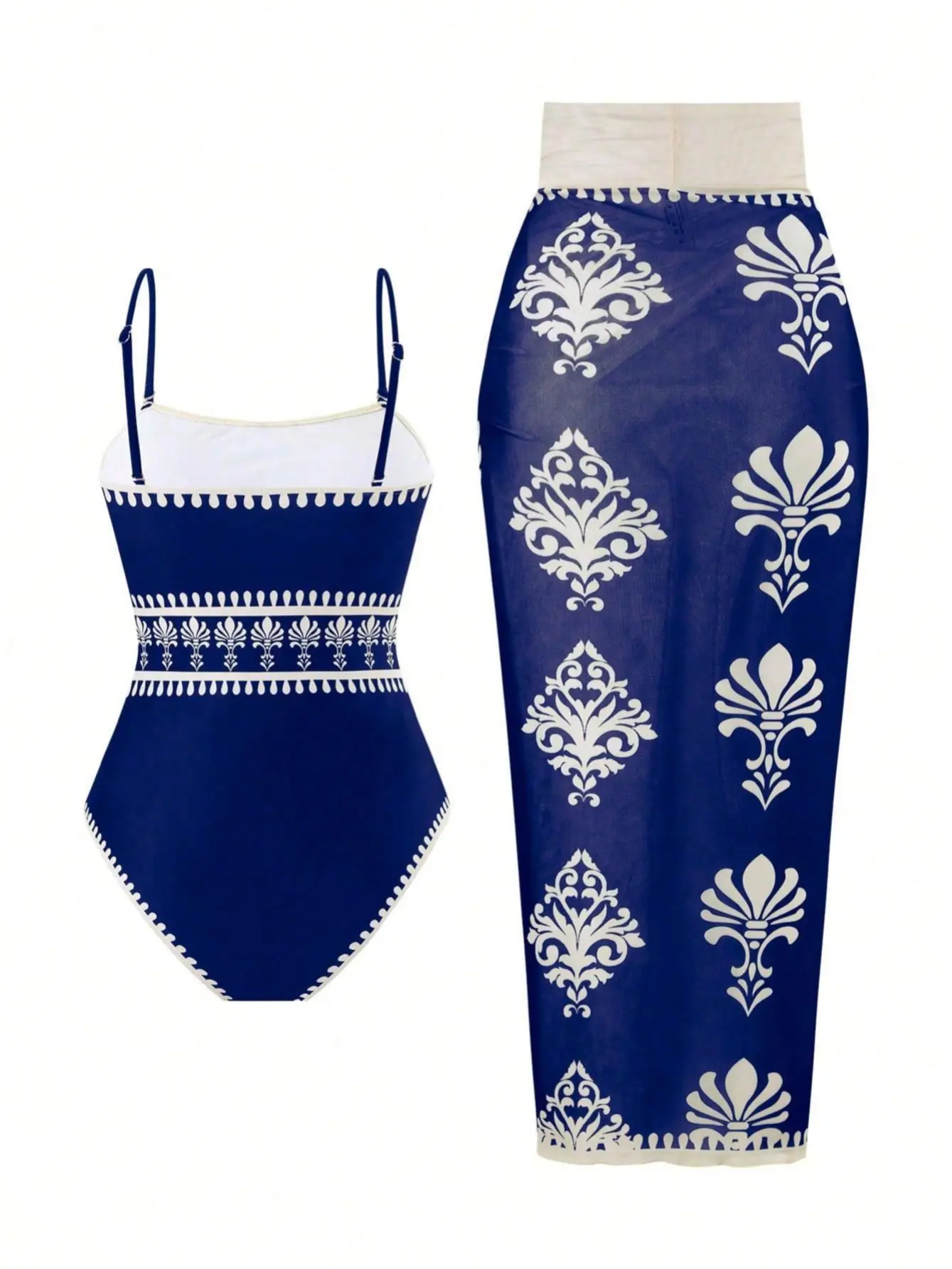 Women's 3-Piece Bikini Set with Geometric Damask Print - Square Neck Top with Adjustable Straps & Mesh Wrap Midi Sarong Cover-Up, Elastane, Cold Wash, Swim Cover-Up Bikini Sets, Patterned Bandeau Bikini Sets, Wrap Tie Mesh Sarong