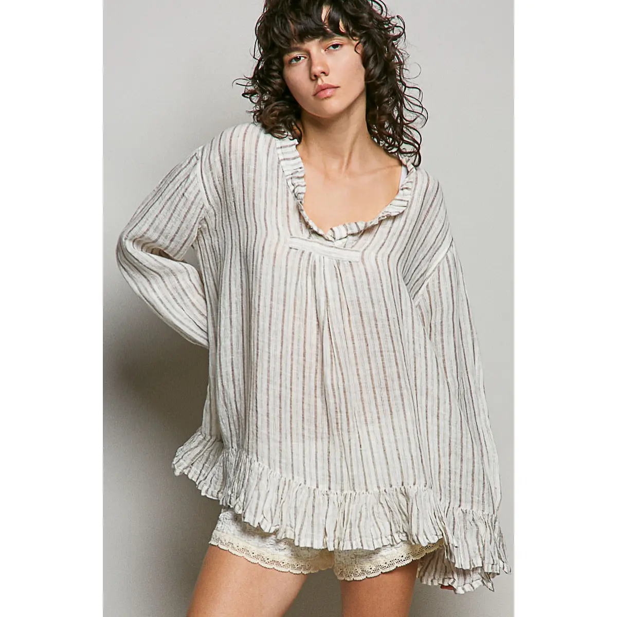 Deep V-Neck Stripe Cotton Ruffle Blouse