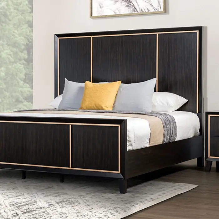 Kenyada FM7421ES-4PC Modern Queen Bedroom Set Espresso Brown Finish Wood Gold Accents 4 Piece Set with Nightstand Dresser Mirror