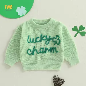 St.Patricks Day Baby Girl BoyOutfit Long Sleeve Lucky Embroidery Sweater Knitwear Pullover Spring Outfit