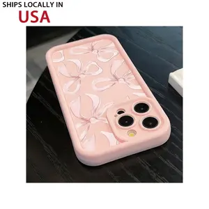 1pc Pink Straight Edge Stepped Pattern Bow Design Protective Phone Case, Compatible With IPhone 11 12 13 14 15 16 Pro Max