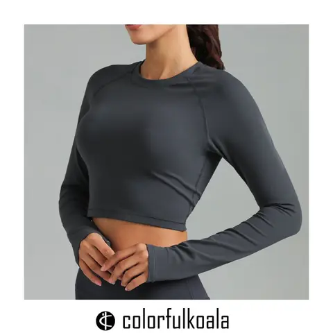 Colorfulkoala Women's Dreamlux Long Sleeve Raglan Crop Top - Thumbholes, Cropped Cut Shows Waist, Fitted, Breathable, Exercise Activewear, Fitness Workout Shirt, Gym Athletic Clothes, Gym Daily Wear, Casual Sporty Style