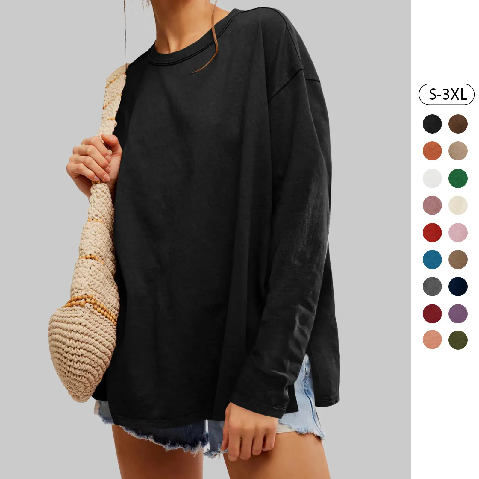 Tankaneo Womens Oversized Long Sleeve Shirts Crew Neck Casual Tops Loose Fit Side Slit Fall Tees