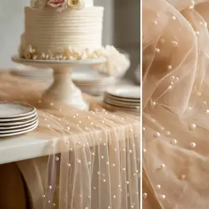 A 1/2/3-piece set of champagne-colored pearl tulle table runners, Sheer, suitable for romantic wedding venues and holiday party decorations. Adorn tables, arches, chair backs, and bridal veils, perfect for Valentine's Day and spring outdoor weddings