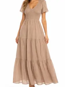 Women's Taupe Smocked Puff Sleeve Maxi Dress – Tiered Flowy Boho Dress