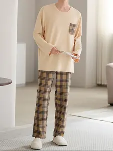 Men's Long Fleece Pajama Set 2 Piece, Comfortable Nightwear, Loungewear, Soft Fabric, Loose Fit, Round Neck, Warm and Cozy, Fall & Winter Casual Fashion