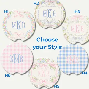 Pink Blue Floral Coquette Grandmillennial Car Coaster Custom Monogrammed Car Decor Personalized Gift for Her Preppy Cute Aesthetic Car Accessories Birthday Gift