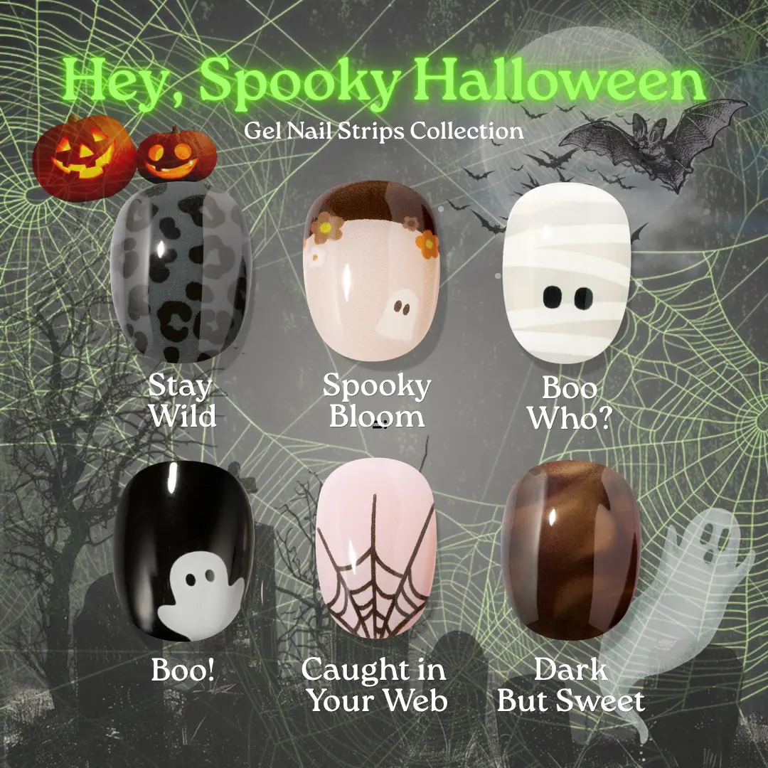 HeyHae Spooky Halloween Gel Nail Strips Collection - Stay Wild, Spooky Bloom, Boo Who, Boo, Caught in Your Web, Dark But Sweet